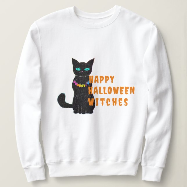 Black Cat Print Womens Sweatshirt, Halloween fest T Shirt (Design framsida)