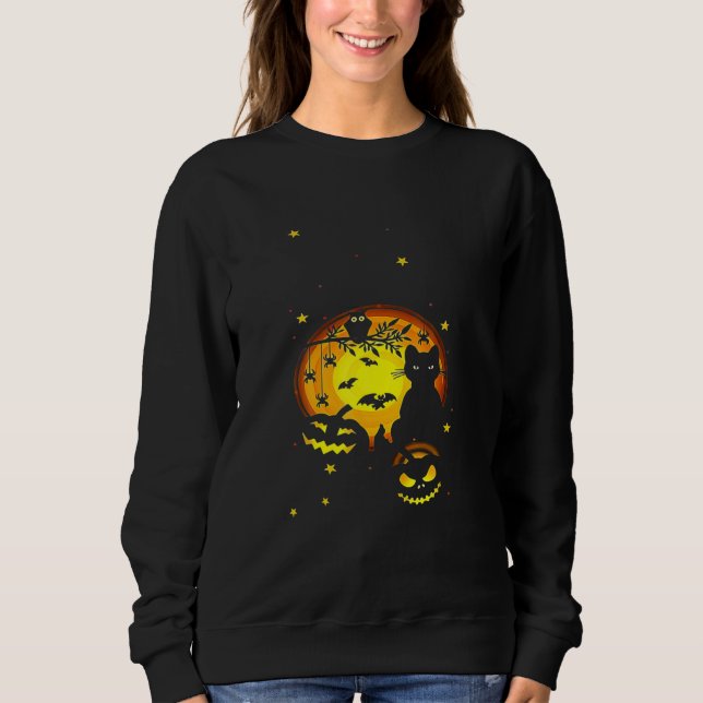 Black Cat Pumpkin And Owl Halloween Full Moon Cute T Shirt (Framsida)