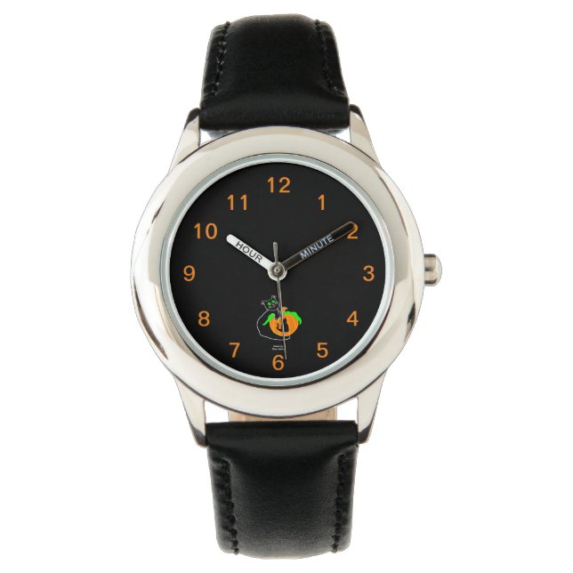 Black Cat Pumpkin Barn Black Leather Strap Watch Armbandsur (Framsida)