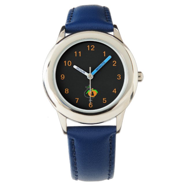 Black Cat Pumpkin Barn Blue Leather Strap Watch Armbandsur (Framsida)