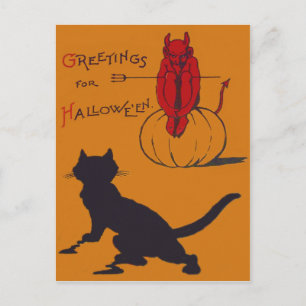 Black Cat Pumpkin Djävulen Demon Pitchfork Vykort