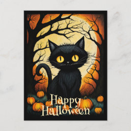 Black Cat Pumpkin Forest Happy halloween Vykort