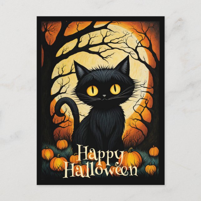 Black Cat Pumpkin Forest Happy halloween Vykort (Framsida)