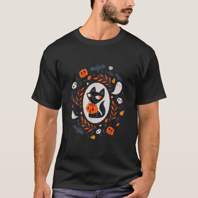 Black Cat Pumpkin Halloween Ghost Jack o lantern C T Shirt (Framsida)