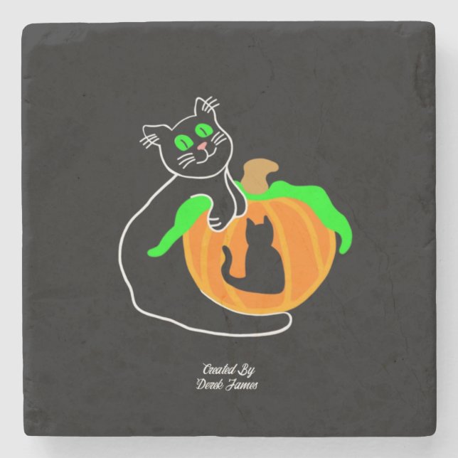 Black Cat Pumpkin Marble Stone Underlägg (Framsidan)