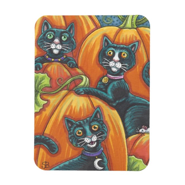 Black Cat Pumpkin Patch Halloween Magnet Helgdag (Vertikal)
