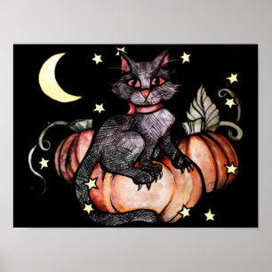 Black Cat Pumpkin Patch Måne Poster