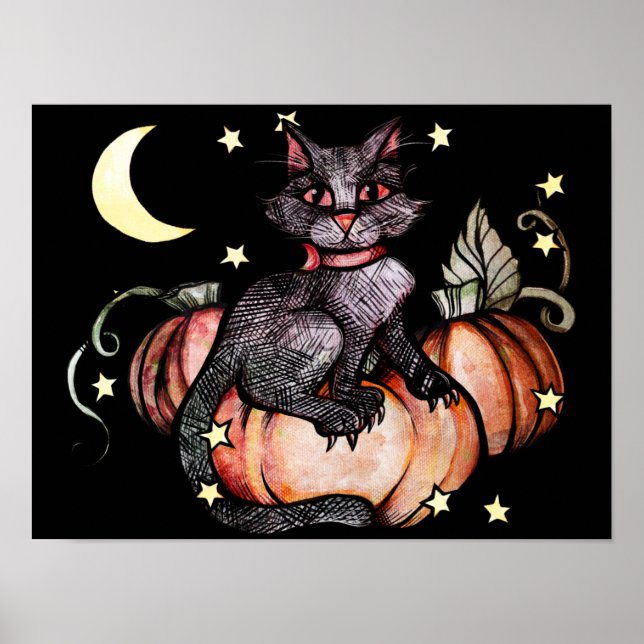 Black Cat Pumpkin Patch Måne Poster (Framsidan)