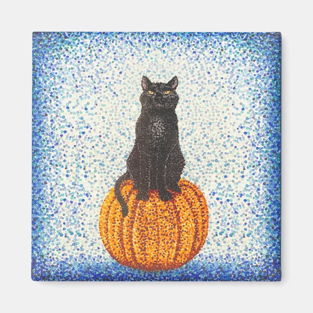 Black Cat Pumpkin Pointillism Halloween Magnet (Framsidan)