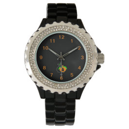 Black Cat Pumpkin Rhinestone Black Enamel Watch Armbandsur