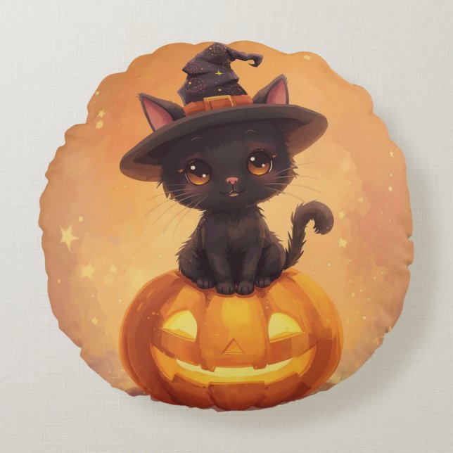 Black Cat Pumpkin Round Halloween Pillow Rund Kudde (Framsidan)
