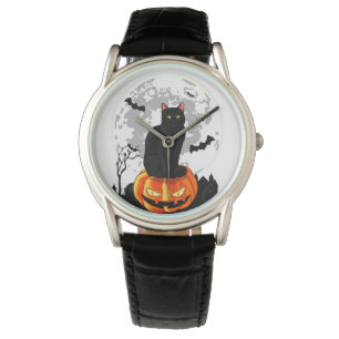 Black Cat Pumpkin T-Shirt - Full Moon Halloween Armbandsur