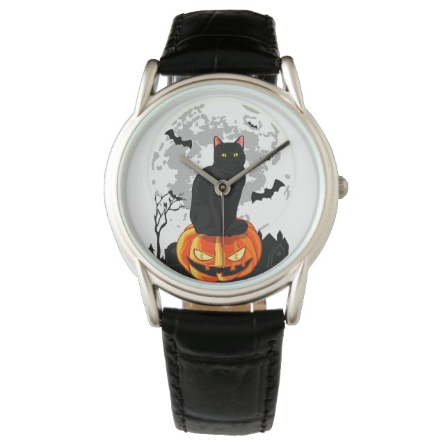 Black Cat Pumpkin T-Shirt - Full Moon Halloween Armbandsur (Framsida)