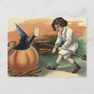 Black Cat Pumpkin Witch's Hat Broom Brev Vykort