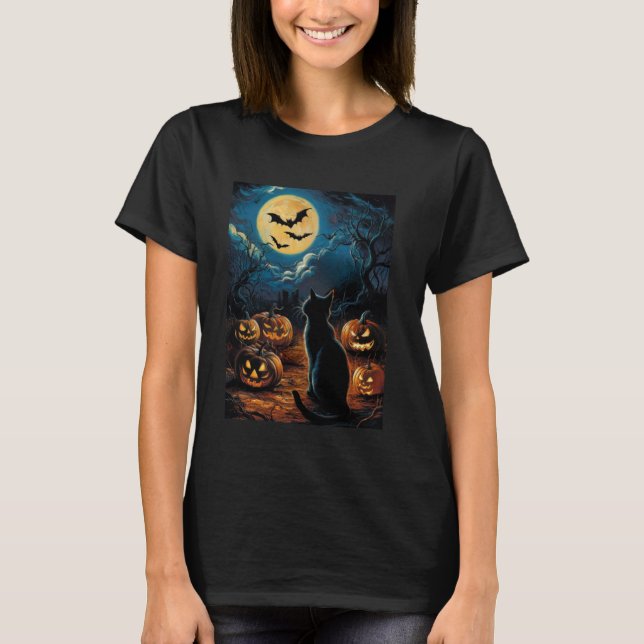 Black Cat Pumpkins Fladdermus Halloween - Starry N T Shirt (Framsida)