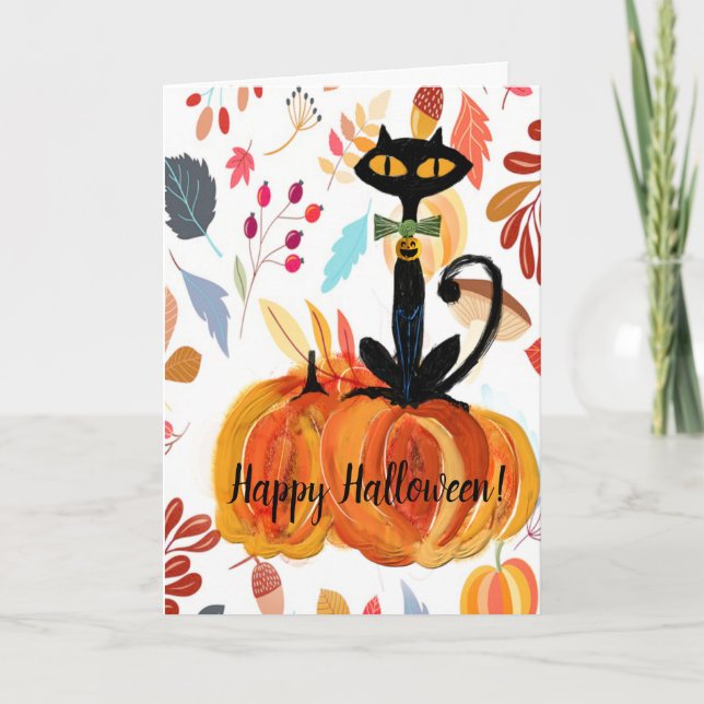Black Cat & Pumpkins Halloween Greeting Card Kort (Framsida)
