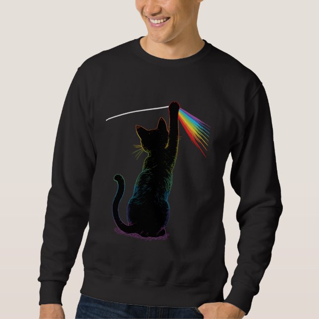 Black Cat Rainbow Light Prism Science Älskare Phys Lång Ärmad Tröja (Framsida)