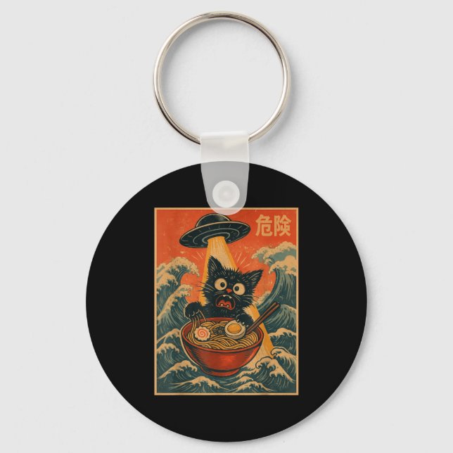 Black Cat Ramen Alien Ufo Funny Japanese Kawaii An Nyckelring (Framsida)