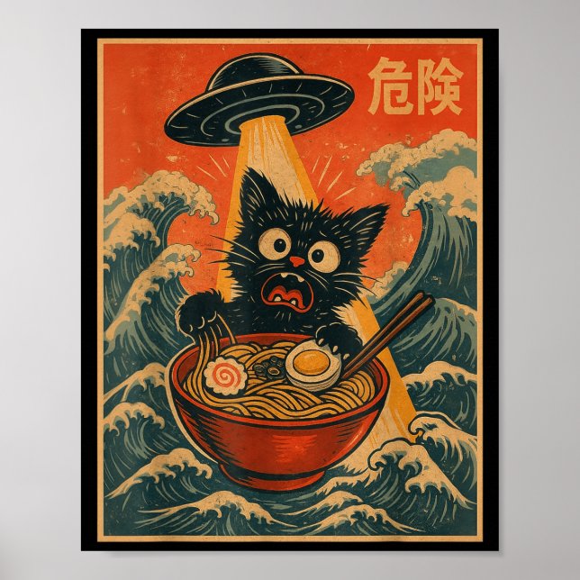 Black Cat Ramen Alien Ufo Funny Japanese Kawaii An Poster (Framsidan)