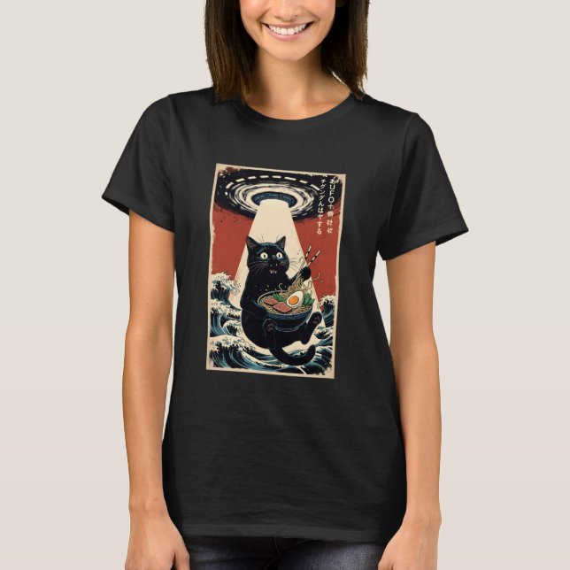 Black Cat Ramen Alien UFO Funny Japanese Kawaii An T Shirt (Framsida)