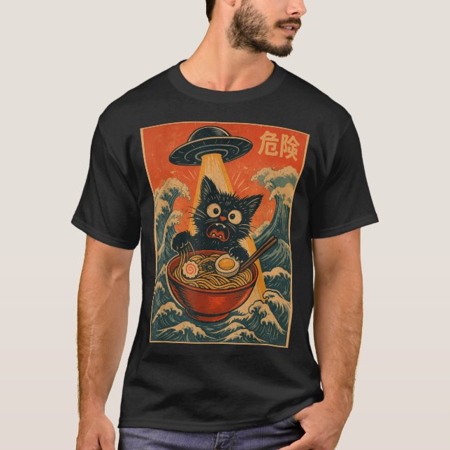 Black Cat Ramen Alien Ufo Funny Japanese Kawaii An T Shirt (Framsida)