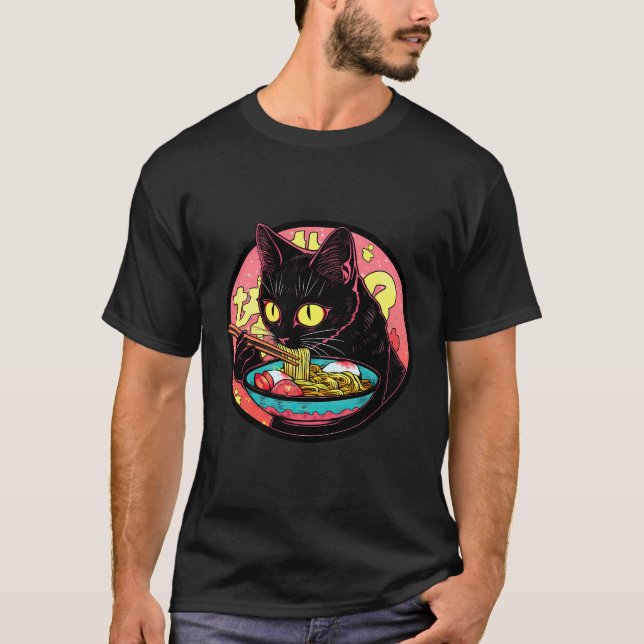 Black Cat Ramen Funny Pet Japansk mat T Shirt (Framsida)