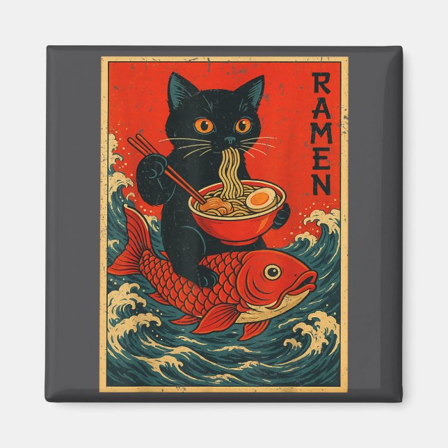 Black Cat Ramen Japanese Graphic Tees For Men Wome Magnet (Framsidan)