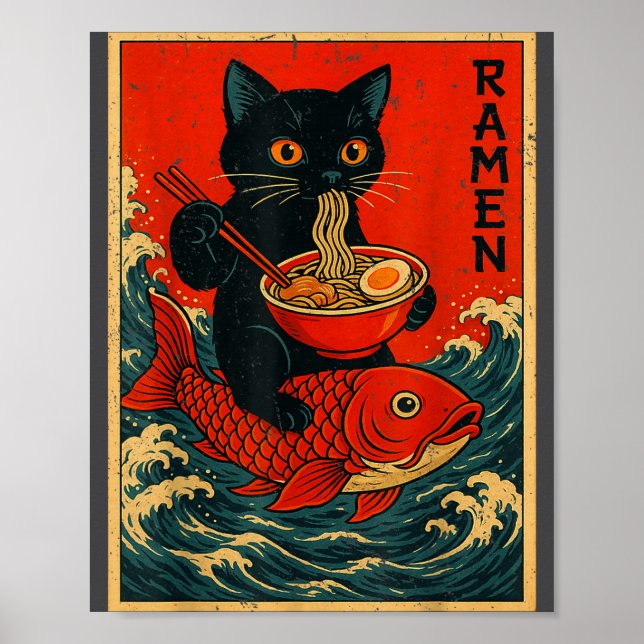 Black Cat Ramen Japanese Graphic Tees For Men Wome Poster (Framsidan)