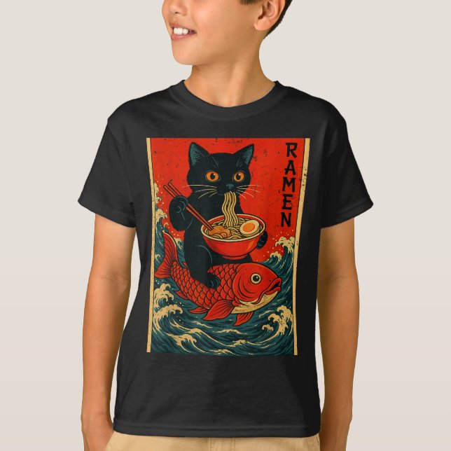 Black Cat Ramen Japanese Graphic Tees For Men Wome T Shirt (Framsida)