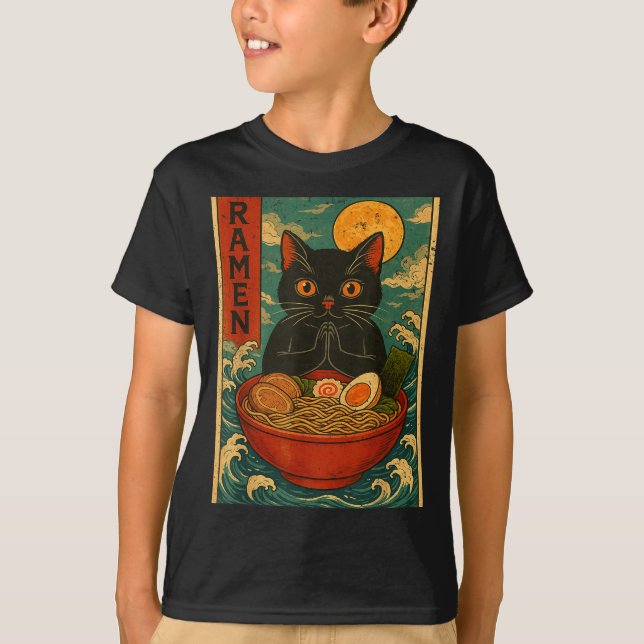 Black Cat Ramen Japanese Graphic Tees For Men Wome T Shirt (Framsida)