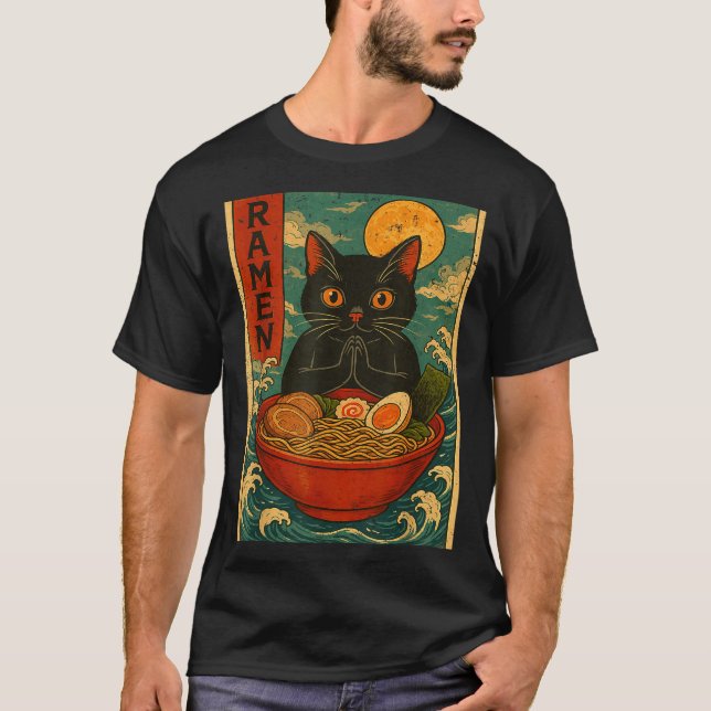 Black Cat Ramen Japanese Graphic Tees For Men Wome T Shirt (Framsida)