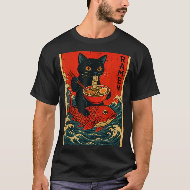 Black Cat Ramen Japanese Graphic Tees For Men Wome T Shirt (Framsida)
