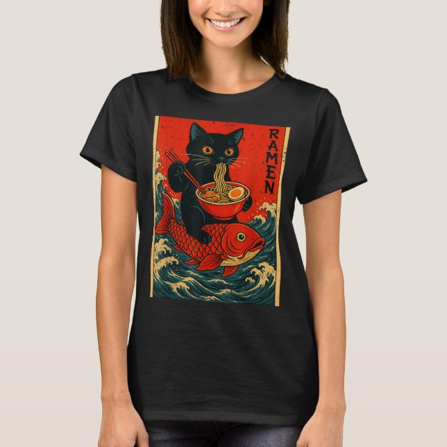 Black Cat Ramen Japanese Graphic Tees For Men Wome T Shirt (Framsida)