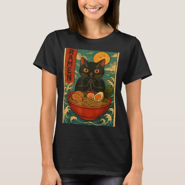 Black Cat Ramen Japanese Graphic Tees For Men Wome T Shirt (Framsida)