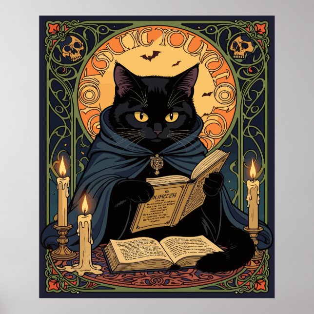 Black Cat Reading A Book Of Solstice Spells Poster (Framsidan)