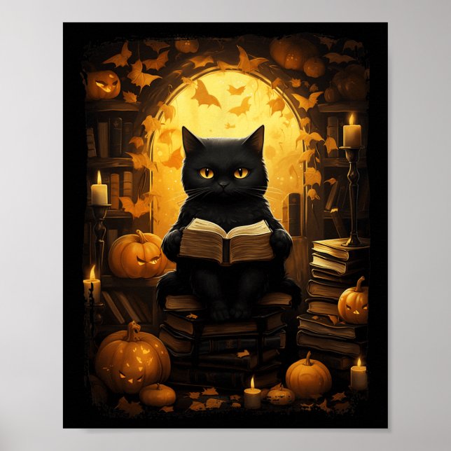 Black Cat Reading Bokar Pumpkin Autumn Teacher Ha Poster (Framsidan)