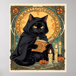 Black Cat Reading The Jack o lantern Journal Poster