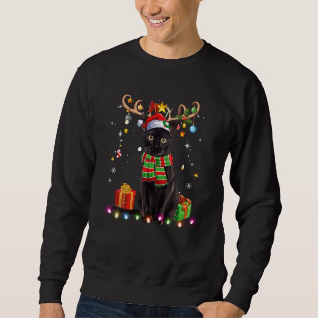 Black Cat Reindder Santa Hat Julgran Ljus Lång Ärmad Tröja (Framsida)