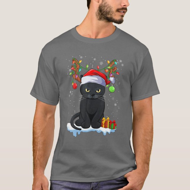 Black Cat Reindeer Antlers Funny Julafton Ca T Shirt (Framsida)