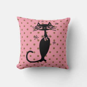 BLACK CAT RETRO ROSA POLKA DOT PILLOW KUDDE