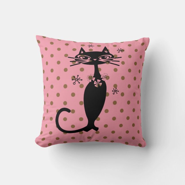 BLACK CAT RETRO ROSA POLKA DOT PILLOW KUDDE (Framsida)
