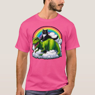 Black Cat Riding Dinosaur T Rex Rainbow Clouds Rol T Shirt