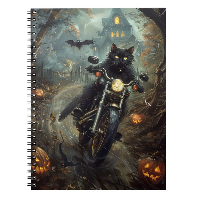 Black Cat Riding Motorcycle Halloween Scary Anteckningsbok (Framsidan)