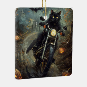 Black Cat Riding Motorcycle Halloween Scary Julgransprydnad Keramik