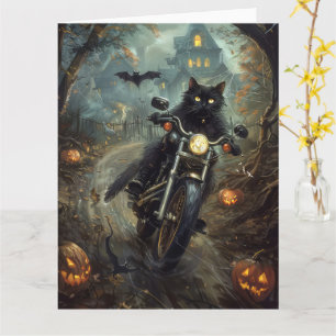 Black Cat Riding Motorcycle Halloween Scary Kort
