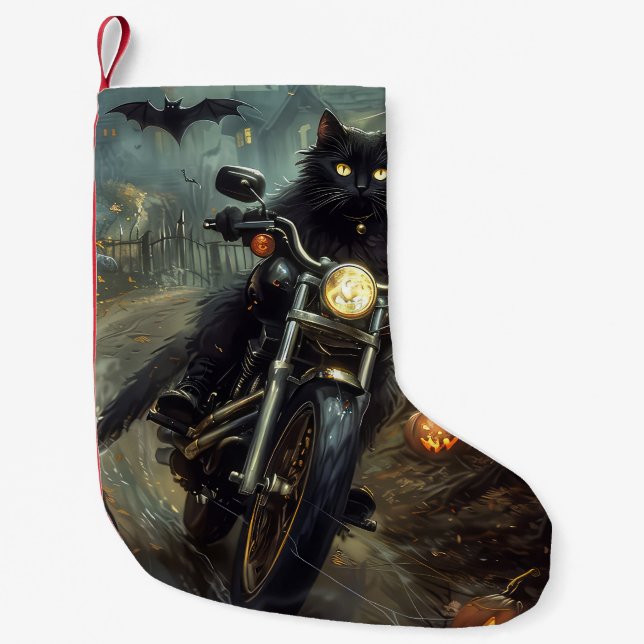 Black Cat Riding Motorcycle Halloween Scary Liten Julstrumpa (Framsidan)