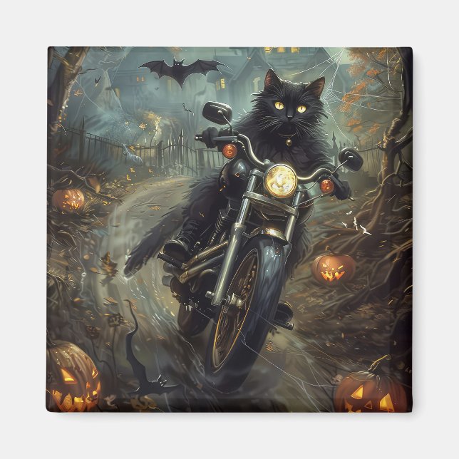 Black Cat Riding Motorcycle Halloween Scary Magnet (Framsidan)
