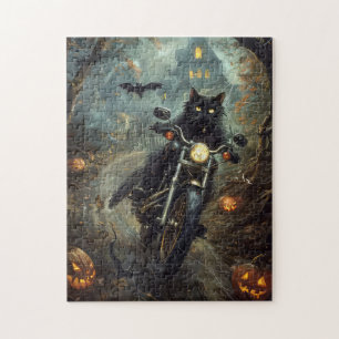 Black Cat Riding Motorcycle Halloween Scary Pussel