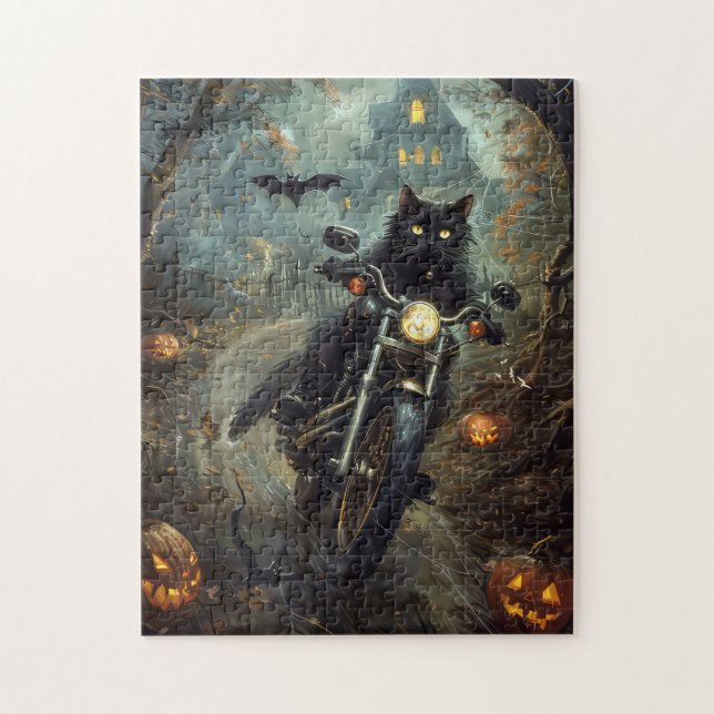 Black Cat Riding Motorcycle Halloween Scary Pussel (Vertikal)