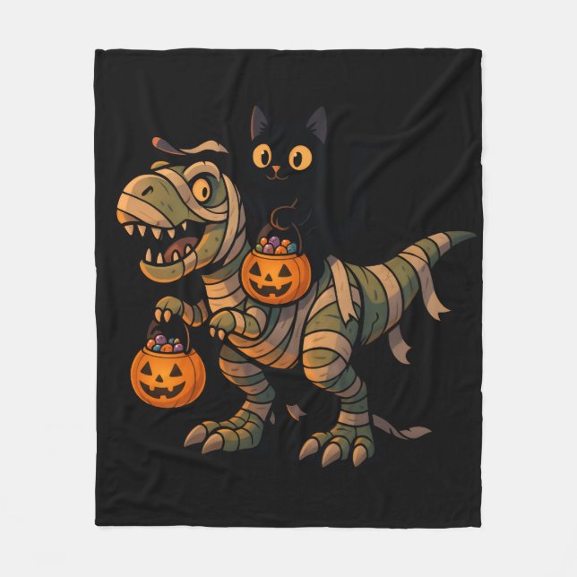 Black Cat Riding Mummy T-Rex - Cute Halloween Dino Fleecefilt (Framsidan)